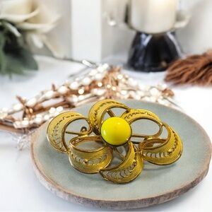 Gold-tone and Yellow Floral Brooch